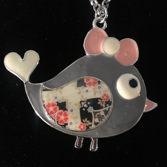 3/$25 Long Enameled Gray Bird Pendant Necklace - Picture 2 of 5